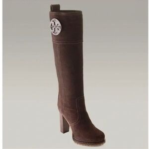Tory Burch ‘Claudia’ chocolate suede leather knee high boots.